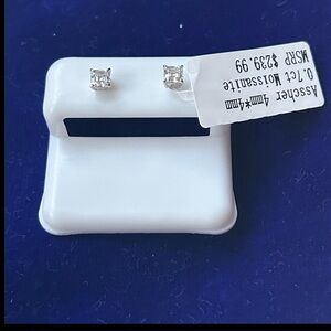 Certified Asscher cut Moissanite Sterling Silver Stud Earrings